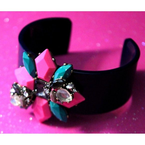 Pink Green Rhinestone Open Cuff Bracelet Multi Color Flower Navy Blue Cuff Band - Picture 1 of 9